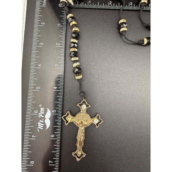 Vintage Beaded Rosary Necklace Black Faceted Glass Rhinestones HUGE 32" READ - Picture 6 of 11